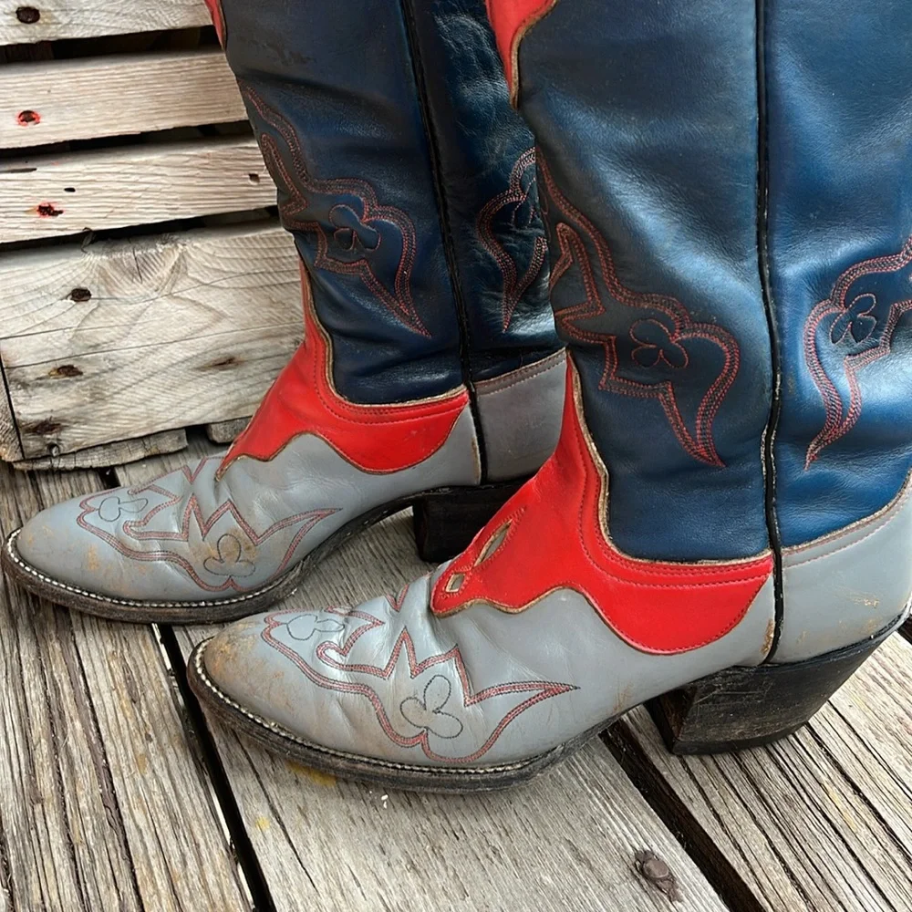 Vintage Laramie Handmade Western Boots Tri Color Red Blue Gray Leather Size 7 - Picture 10 of 17